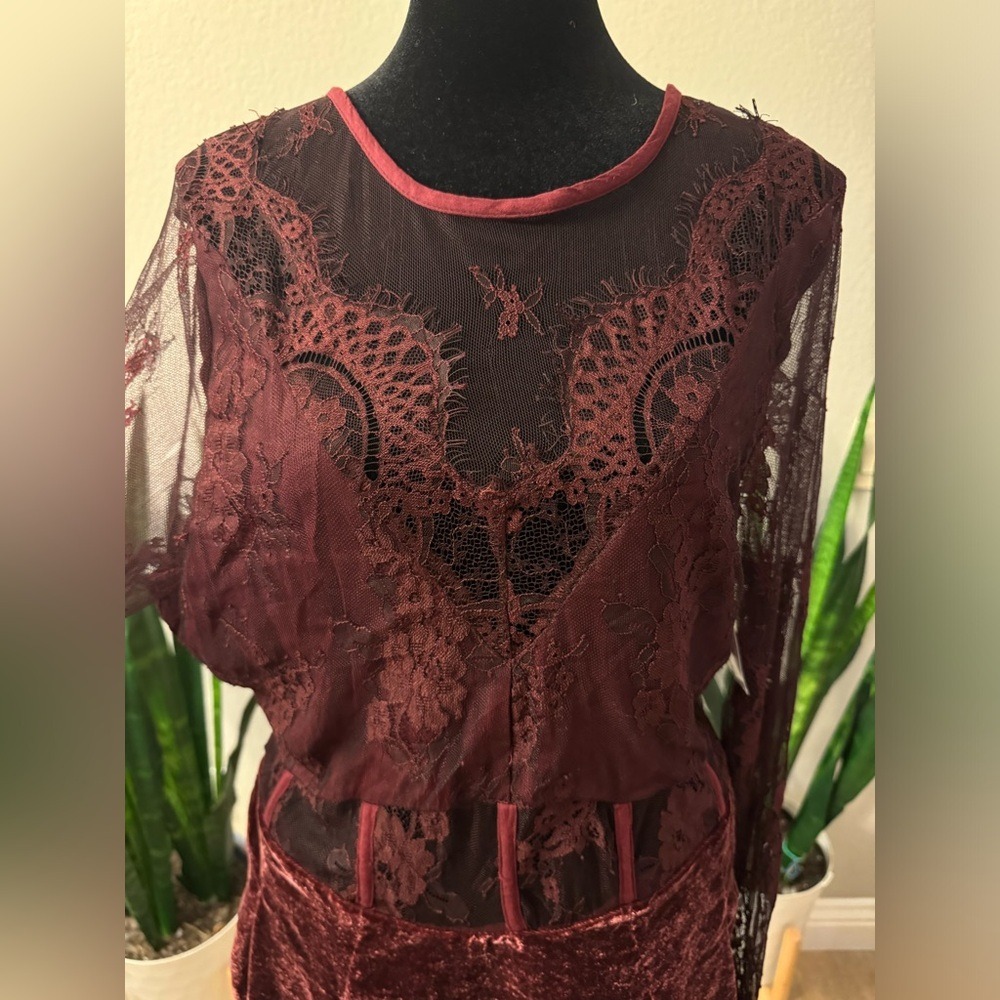 Free People Lace Corset Mini Dress Velvet Burgundy Medium Boho Gothic Festival - Picture 5 of 11
